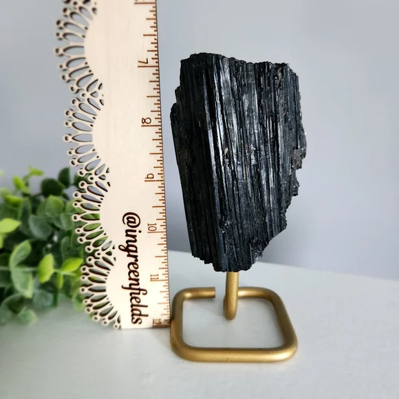 Raw black tourmaline chunk on gold stand - crystal - Picture 10 of 10